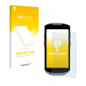 Face avant d’un emballage produit avec le logo de la marque upscreen. À côté, l’appareil Zebra TC52x est représenté avec la pr