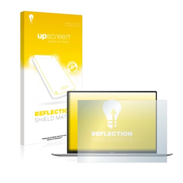 Face avant d’un emballage produit avec le logo de la marque upscreen. À côté, l’appareil Huawei MateBook X Pro 2021 est représ