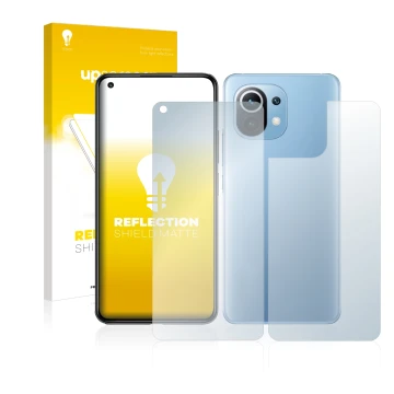 Face avant d’un emballage produit avec le logo de la marque upscreen. À côté, l’appareil Xiaomi Mi 11 Lite 5G (Avant+Arrière) 