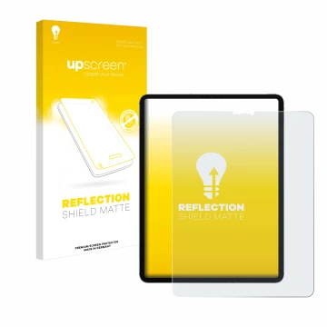 Face avant d’un emballage produit avec le logo de la marque upscreen. À côté, l’appareil Apple iPad Pro 12.9