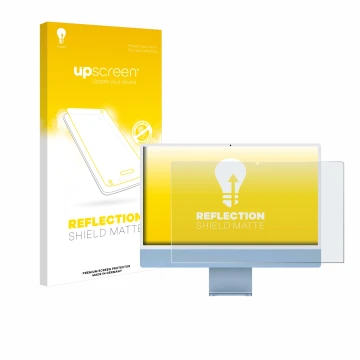 Face avant d’un emballage produit avec le logo de la marque upscreen. À côté, l’appareil Apple iMac 24