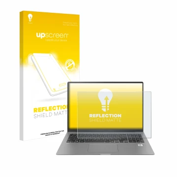 Face avant d’un emballage produit avec le logo de la marque upscreen. À côté, l’appareil LG gram 17'' 2021 est représenté avec