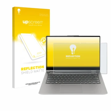 Face avant d’un emballage produit avec le logo de la marque upscreen. À côté, l’appareil Lenovo ThinkBook 14s Yoga est représe