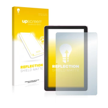 Face avant d’un emballage produit avec le logo de la marque upscreen. À côté, l’appareil Amazon Fire HD 10 Plus 2021 (11ème Ge