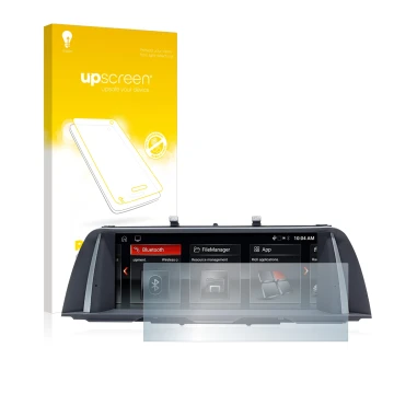 Face avant d’un emballage produit avec le logo de la marque upscreen. À côté, l’appareil BMW 5 F10 2014 Professional 10,2