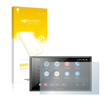 Face avant d’un emballage produit avec le logo de la marque upscreen. À côté, l’appareil Pioneer SPH-EVO64DAB est représenté a