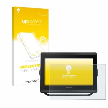 Face avant d’un emballage produit avec le logo de la marque upscreen. À côté, l’appareil Garmin GPSMAP 8412 xsv est représenté