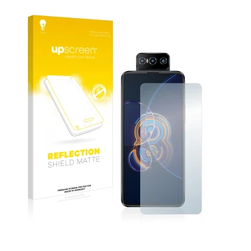 Face avant d’un emballage produit avec le logo de la marque upscreen. À côté, l’appareil ASUS ZenFone 8 Flip est représenté av