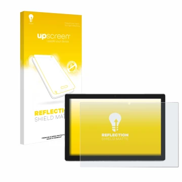 Face avant d’un emballage produit avec le logo de la marque upscreen. À côté, l’appareil Blackview Tab 9 est représenté avec l