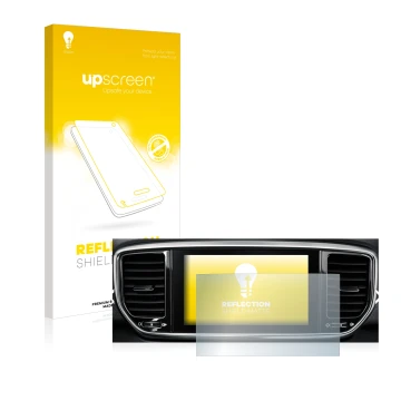 Face avant d’un emballage produit avec le logo de la marque upscreen. À côté, l’appareil Kia Sportage QLPE 2020 Infotainment S