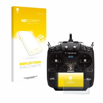 Face avant d’un emballage produit avec le logo de la marque upscreen. À côté, l’appareil Robbe Futaba T16IZ est représenté ave