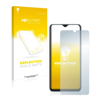 Face avant d’un emballage produit avec le logo de la marque upscreen. À côté, l’appareil Vivo Y70 est représenté avec la prote
