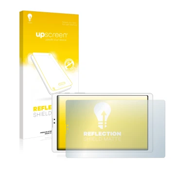 Face avant d’un emballage produit avec le logo de la marque upscreen. À côté, l’appareil Samsung Galaxy Tab A7 Lite LTE 2021 (