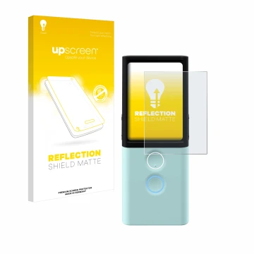 Face avant d’un emballage produit avec le logo de la marque upscreen. À côté, l’appareil Vasco Translator M3 est représenté av