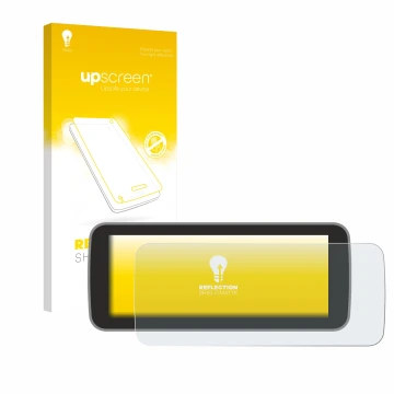 Face avant d’un emballage produit avec le logo de la marque upscreen. À côté, l’appareil Fiat 500 E Uconnect 5 10