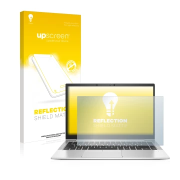 Face avant d’un emballage produit avec le logo de la marque upscreen. À côté, l’appareil HP EliteBook 840 G7 est représenté av