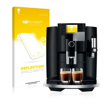 Face avant d’un emballage produit avec le logo de la marque upscreen. À côté, l’appareil Jura E8 (EB) est représenté avec la p