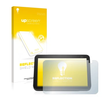 Face avant d’un emballage produit avec le logo de la marque upscreen. À côté, l’appareil Amazon Echo Show 8 2021 (2e Gen.) est