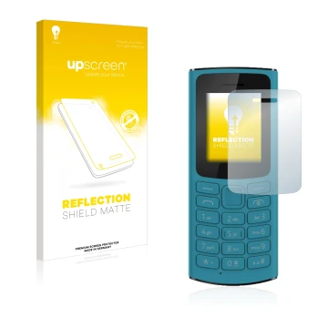 Face avant d’un emballage produit avec le logo de la marque upscreen. À côté, l’appareil Nokia 105 4G 2021 est représenté avec