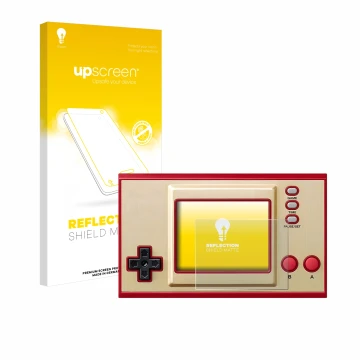 Face avant d’un emballage produit avec le logo de la marque upscreen. À côté, l’appareil Nintendo Game & Watch Super Mario Bro