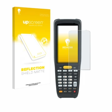 Face avant d’un emballage produit avec le logo de la marque upscreen. À côté, l’appareil Zebra MC2200 est représenté avec la p