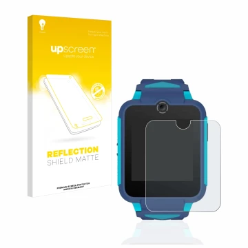 Face avant d’un emballage produit avec le logo de la marque upscreen. À côté, l’appareil TCL Movetime Family Watch 2 est repré