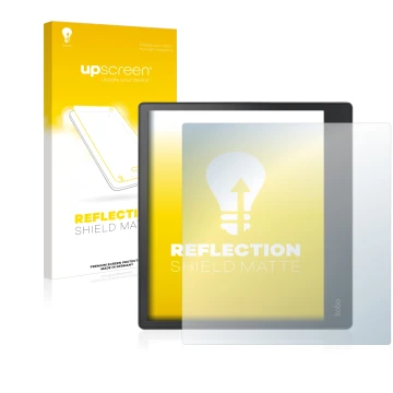 Face avant d’un emballage produit avec le logo de la marque upscreen. À côté, l’appareil Kobo Elipsa est représenté avec la pr