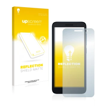 Face avant d’un emballage produit avec le logo de la marque upscreen. À côté, l’appareil Alcatel 1 (2021) est représenté avec 