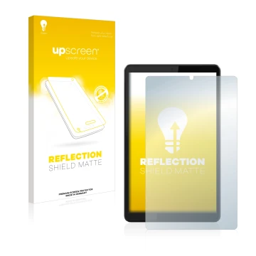 Face avant d’un emballage produit avec le logo de la marque upscreen. À côté, l’appareil Lenovo Tab M8 (3ème Gen.) est représe