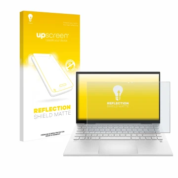 Face avant d’un emballage produit avec le logo de la marque upscreen. À côté, l’appareil HP Pavilion x360 (14-dyX) est représe