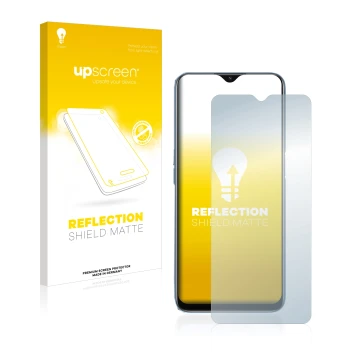 Face avant d’un emballage produit avec le logo de la marque upscreen. À côté, l’appareil Oppo A16 est représenté avec la prote
