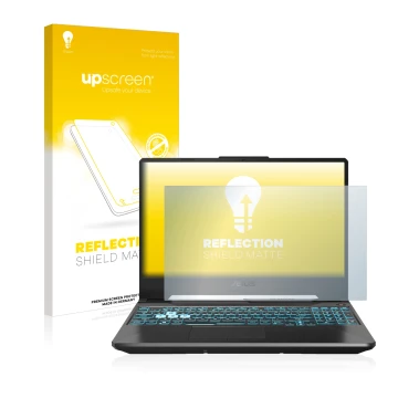 Face avant d’un emballage produit avec le logo de la marque upscreen. À côté, l’appareil ASUS TUF Gaming A15 est représenté av