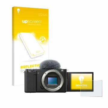 Face avant d’un emballage produit avec le logo de la marque upscreen. À côté, l’appareil Sony Alpha ZV-E10 est représenté avec