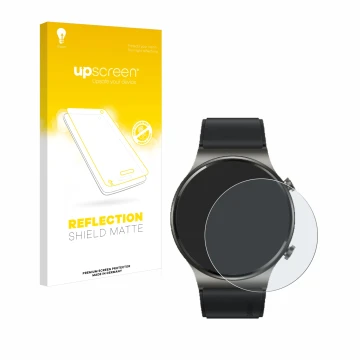 Face avant d’un emballage produit avec le logo de la marque upscreen. À côté, l’appareil Huawei Watch GT 2 Pro ECG est représe