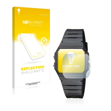 Face avant d’un emballage produit avec le logo de la marque upscreen. À côté, l’appareil Casio Collection Unisex F-91W est rep