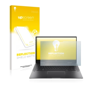 Face avant d’un emballage produit avec le logo de la marque upscreen. À côté, l’appareil HP Envy x360 (15-eX) (359 mm x 228.2 