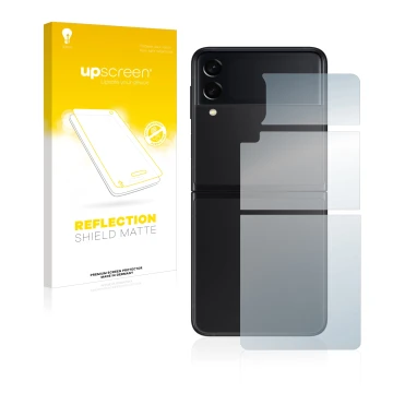 Face avant d’un emballage produit avec le logo de la marque upscreen. À côté, l’appareil Samsung Galaxy Z Flip 3 5G (Arrière) 