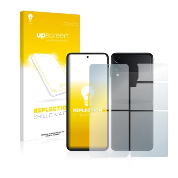 Face avant d’un emballage produit avec le logo de la marque upscreen. À côté, l’appareil Samsung Galaxy Z Flip 3 5G (Avant+Arr