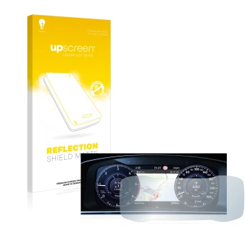 Face avant d’un emballage produit avec le logo de la marque upscreen. À côté, l’appareil Volkswagen Golf 7 Facelift (2016-2019