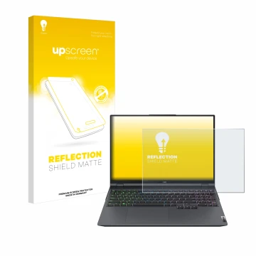 Face avant d’un emballage produit avec le logo de la marque upscreen. À côté, l’appareil Lenovo Legion 5 Pro est représenté av