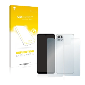 Face avant d’un emballage produit avec le logo de la marque upscreen. À côté, l’appareil Samsung Galaxy A22 5G (Avant+Arrière)