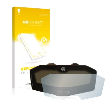 Face avant d’un emballage produit avec le logo de la marque upscreen. À côté, l’appareil Yamaha Tracer 700 2016-2019 est repré