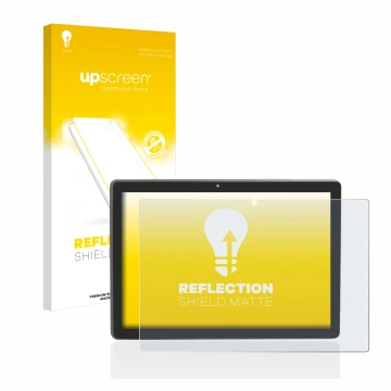 Face avant d’un emballage produit avec le logo de la marque upscreen. À côté, l’appareil Majestic Tab-912 4G est représenté av
