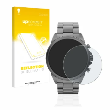 Face avant d’un emballage produit avec le logo de la marque upscreen. À côté, l’appareil Fossil Gen 6 (44mm) est représenté av