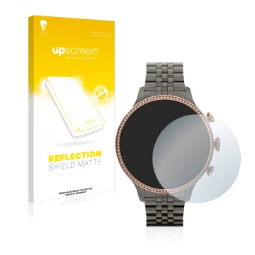 Face avant d’un emballage produit avec le logo de la marque upscreen. À côté, l’appareil Fossil Gen 6 (42mm) est représenté av