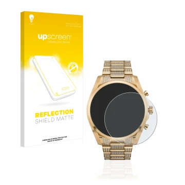 Face avant d’un emballage produit avec le logo de la marque upscreen. À côté, l’appareil Michael Kors Access Gen 6 Bradshaw es