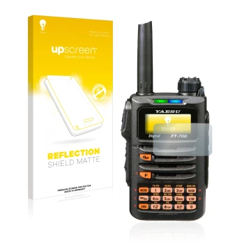 Face avant d’un emballage produit avec le logo de la marque upscreen. À côté, l’appareil Yaesu FT-70DR est représenté avec la 
