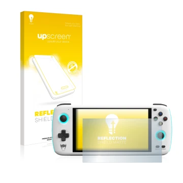 Face avant d’un emballage produit avec le logo de la marque upscreen. À côté, l’appareil AYN Odin est représenté avec la prote