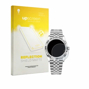 Face avant d’un emballage produit avec le logo de la marque upscreen. À côté, l’appareil Rolex Datejust 36 est représenté avec