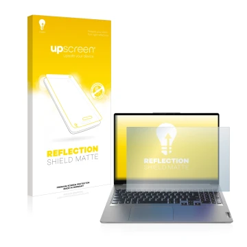 Face avant d’un emballage produit avec le logo de la marque upscreen. À côté, l’appareil Lenovo IdeaPad 5 Pro 16